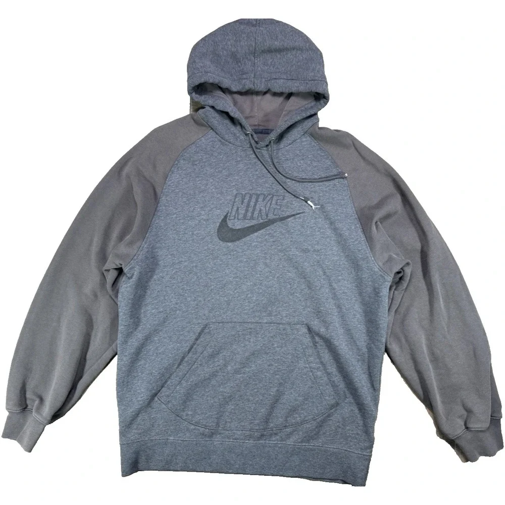 Vintage 00s Y2K Nike Spellout Center Swoosh Gray Brown Hooded Sweatshirt Large